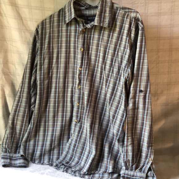 $125 Toscano Blue Cotton woven casual roll sleeve shirt Men’s size Large - Picture 4 of 6